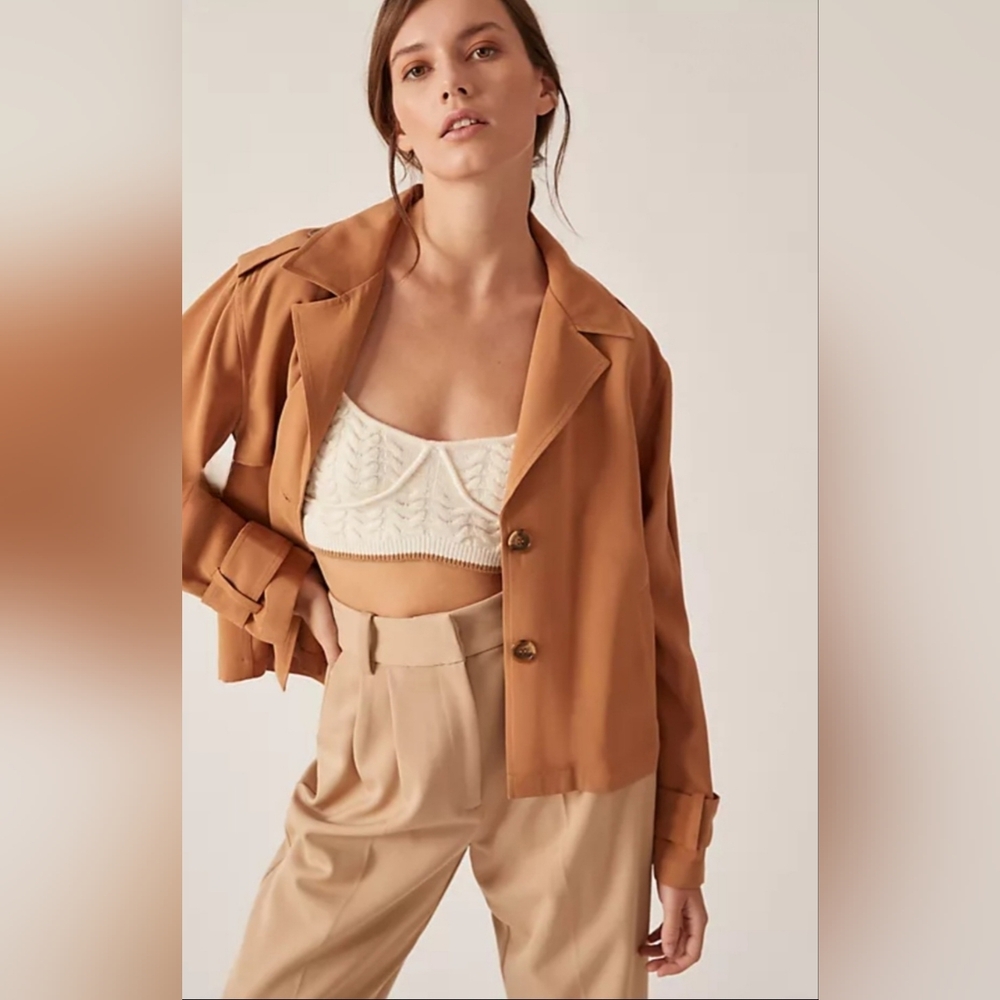 Anthropologie X Sanctuary Cropped Trench Coat Sz XXS Tan Slant Pockets Buttons - Picture 3 of 16